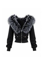 CTRL WORLD Gothic Faux Fur Hood Cropped Zip-Up Hoodie