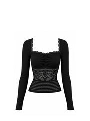 CTRL WORLD Lace Detail Ruched Long Sleeve Top