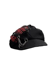CTRL WORLD Black Beret with Plaid Detail and Chain Accents