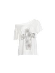 CTRL WORLD Riot Saint Slouch Off-Shoulder Studded Cross T-Shirt