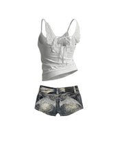 CTRL WORLD Winged Back Graphic Tank & Bat Wing Denim Shorts Set