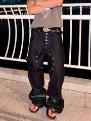 CTRL WORLD Black Graphic Wide Leg Denim Jeans Streetwear Pants