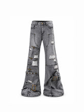 CTRL WORLD Industrial Distressed Multi-Buckle Flared Jeans