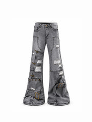 CTRL WORLD Industrial Distressed Multi-Buckle Flared Jeans