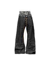 CTRL WORLD Leopard Waist Laced Wide-Leg Denim Pants