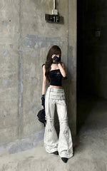 CTRL WORLD Cyberpunk Buckle Strap Flare Jeans