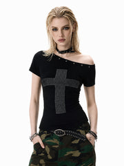 CTRL WORLD Rhinestone Cross Asymmetric Shoulder T-Shirt