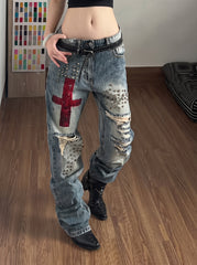 CTRL WORLD Crimson Cross Distressed Rivet Jeans