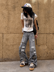 CTRL WORLD Industrial Distressed Multi-Buckle Flared Jeans