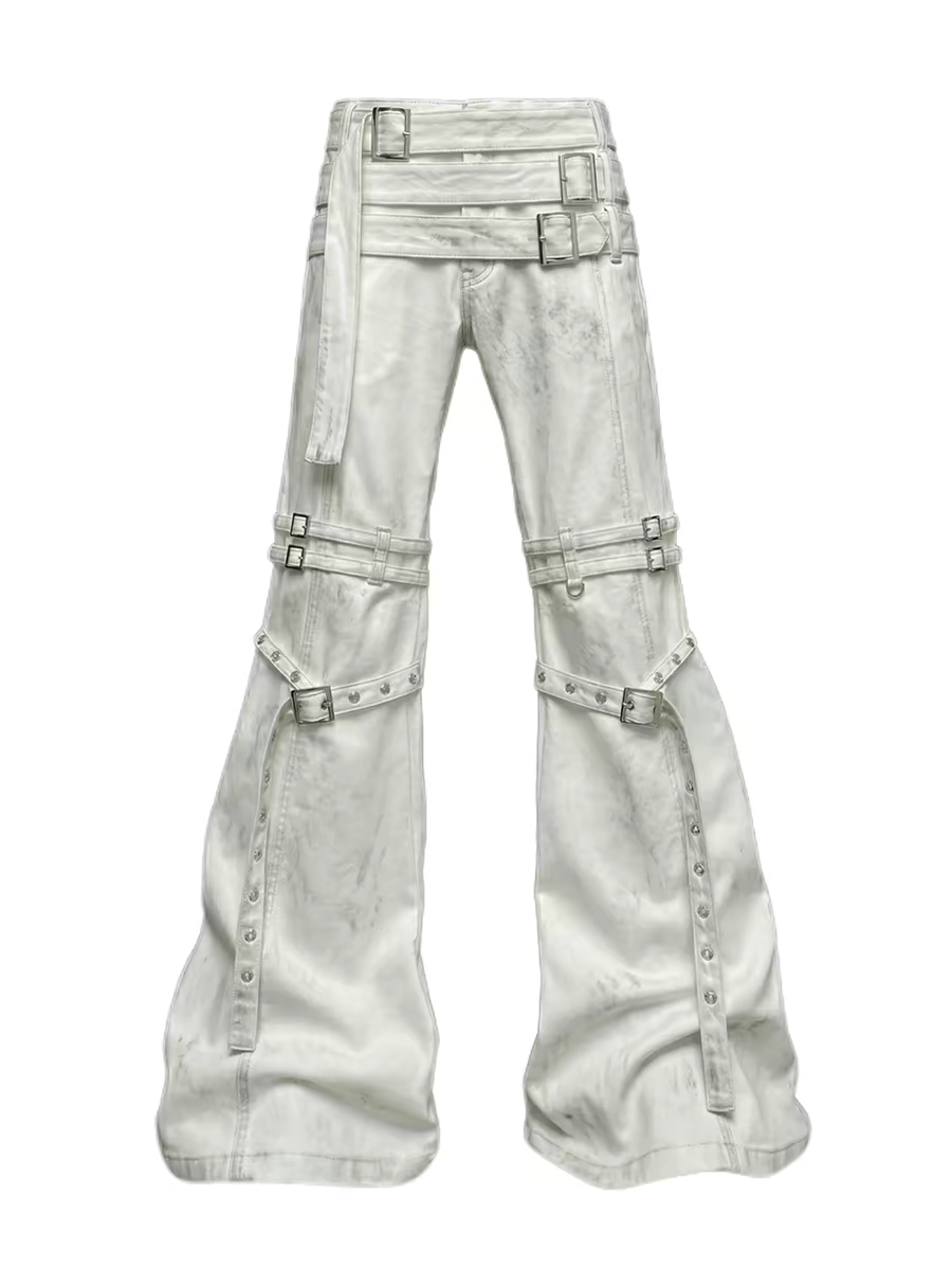 CTRL WORLD Cyberpunk Buckle Strap Flare Jeans