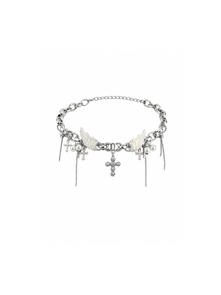 CTRL WORLD Angel Wing Cross Charm Chain Choker Necklace