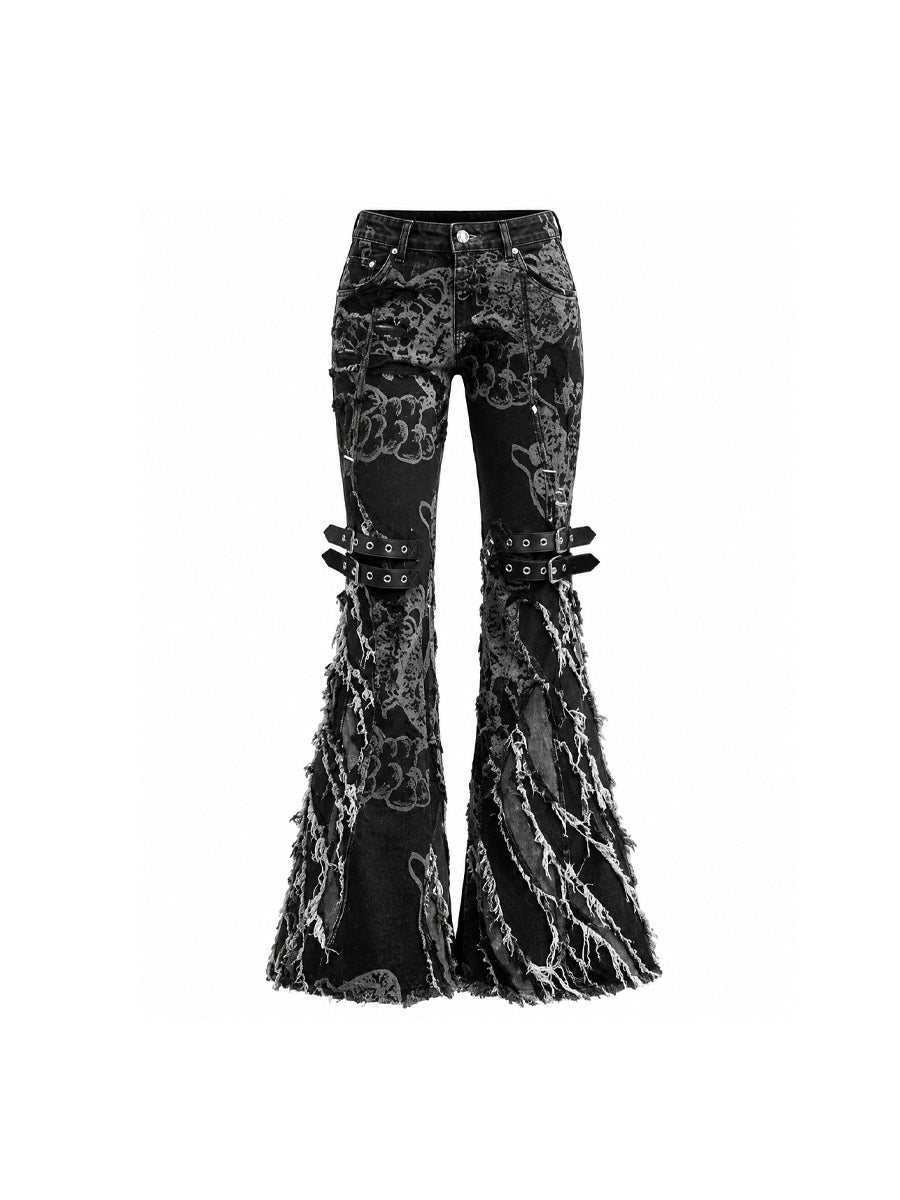 CTRL WORLD Shredded Floral Print Wide-Leg Denim Pants