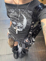 CTRL WORLD Eclipse Skull Graphic One-Shoulder T-Shirt