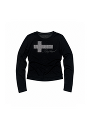 CTRL WORLD Seraph Cross Rhinestone Long Sleeve Crop Top