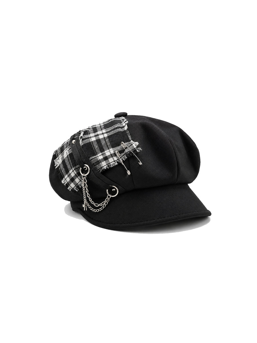 CTRL WORLD Black Beret with Plaid Detail and Chain Accents