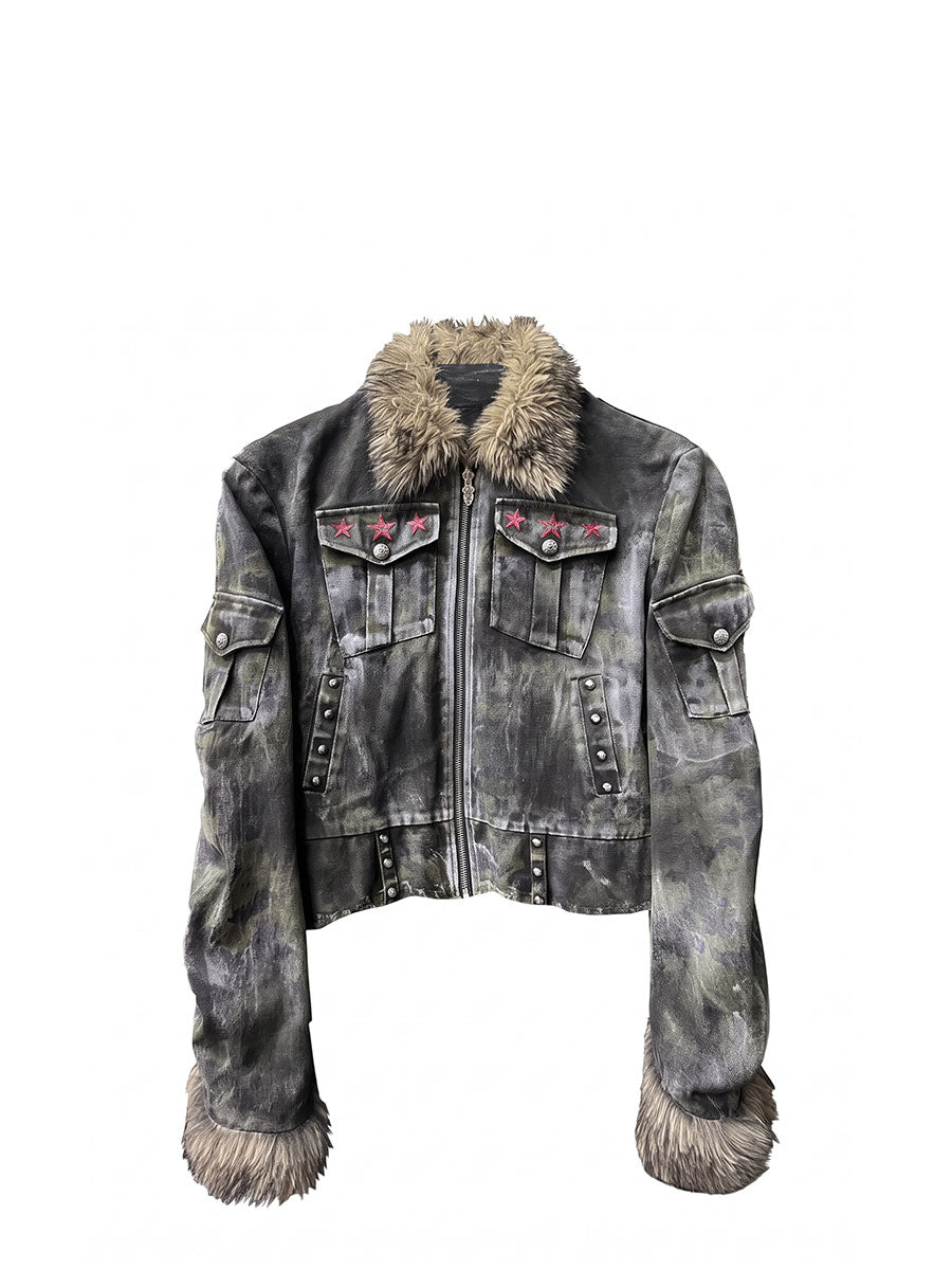 CTRL WORLD Vintage Distressed Fur Collar Rivet Jacket
