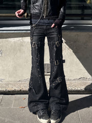 CTRL WORLD  Punk Washed Buckle-Strap Flared Denim Jeans