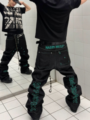 CTRL WORLD Black Graphic Wide Leg Denim Jeans Streetwear Pants