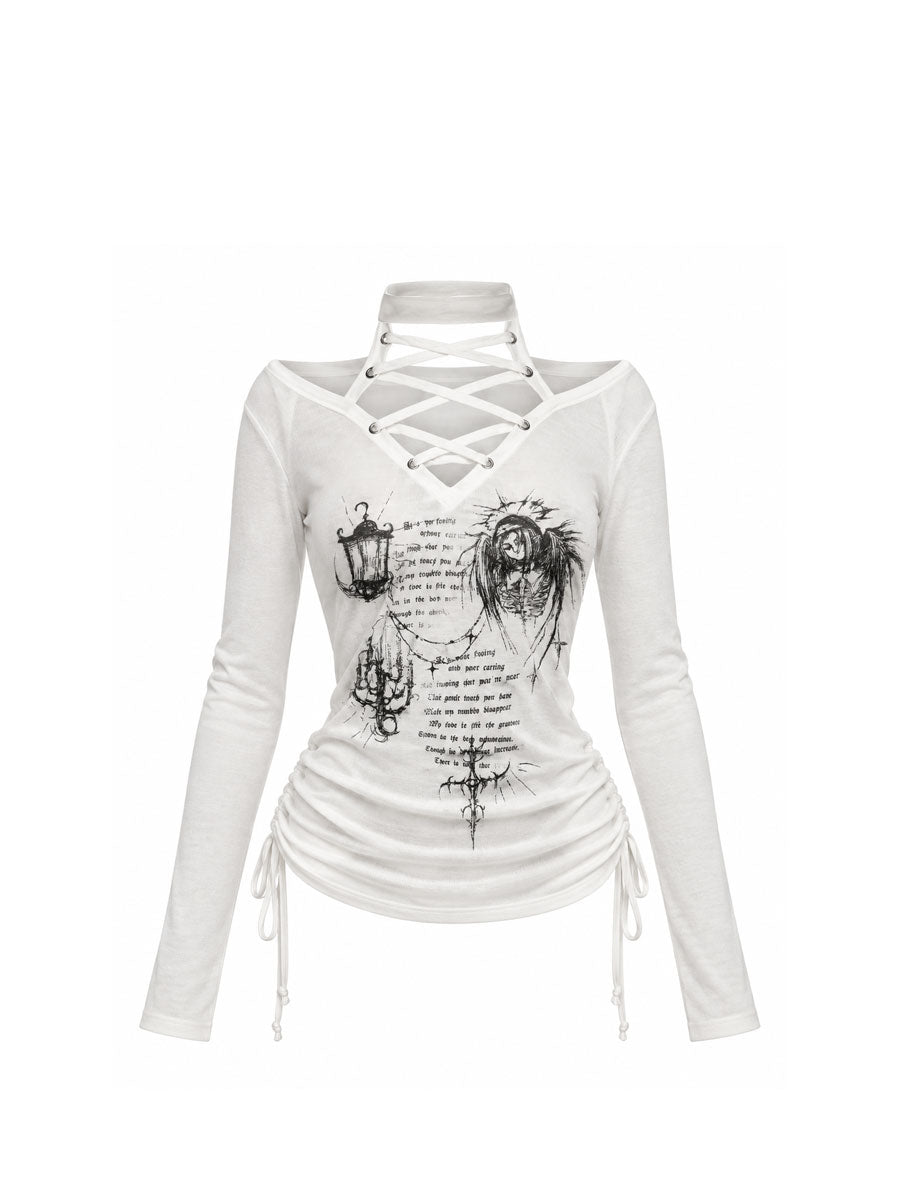 CTRL WORLD Gothic Graphic Lace-Up Ruched Top