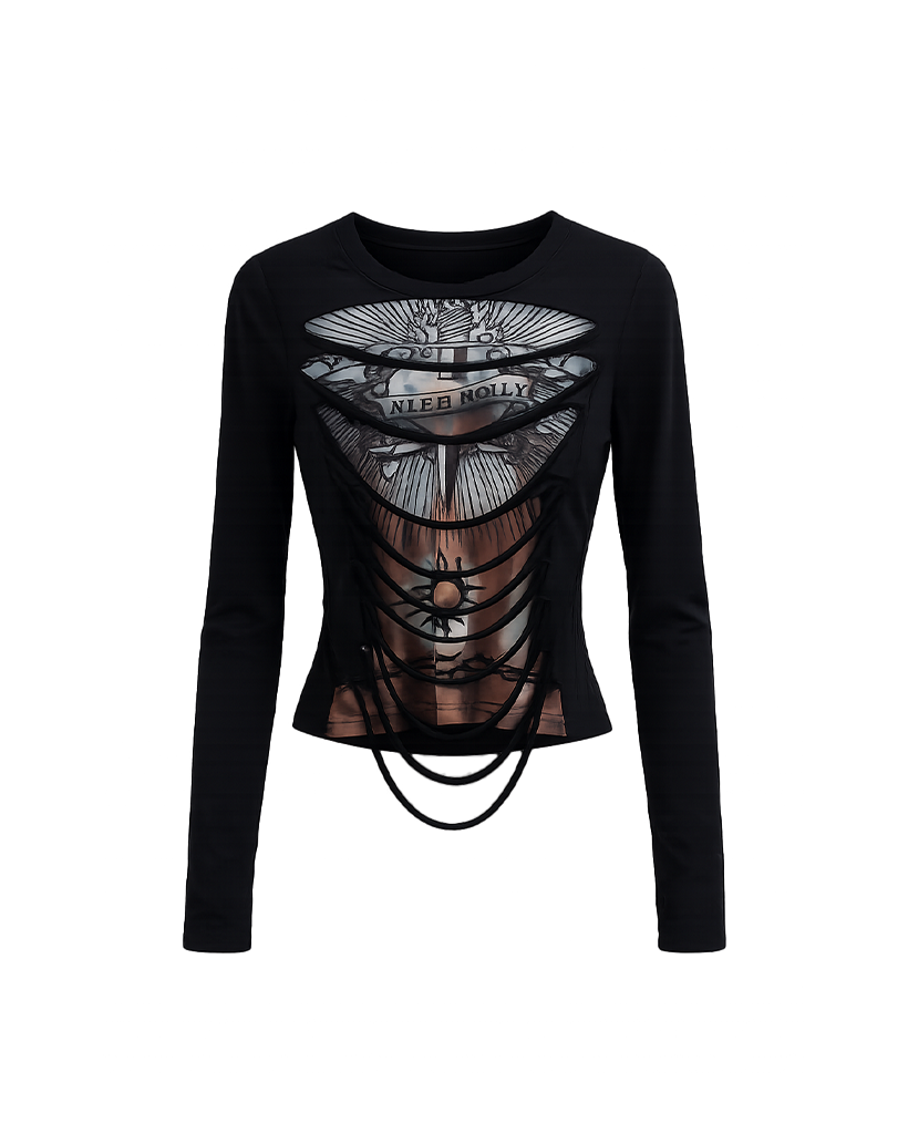Cut-Out Graphic Long Sleeve Top