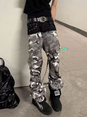 CTRL WORLD Vintage Camo Panel Double-Waist Strap Flare Jeans