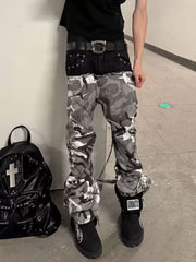 CTRL WORLD Vintage Camo Panel Double-Waist Strap Flare Jeans