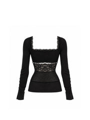 CTRL WORLD Lace Detail Ruched Long Sleeve Top
