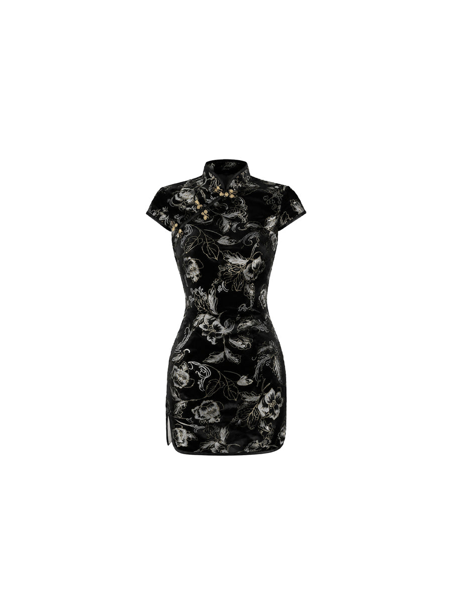 CTRL WORLD Floral Embroidered Velvet Cheongsam