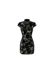 CTRL WORLD Floral Embroidered Velvet Cheongsam