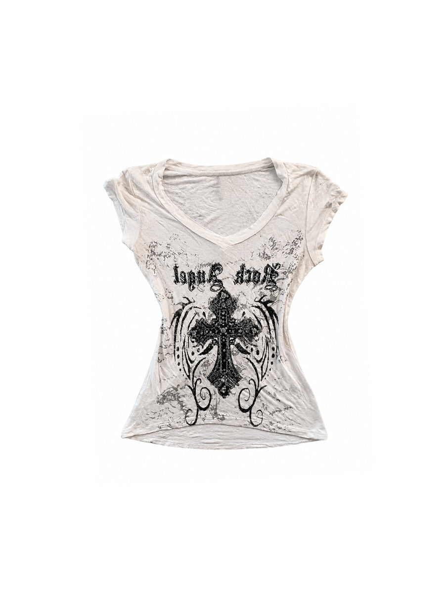 CTRL WORLD Fallen Halo Cross Wing V-Neck T-Shirt