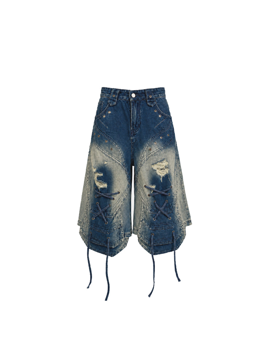 CTRL WORLD Distressed Denim Wide-Legged Cargo Pants