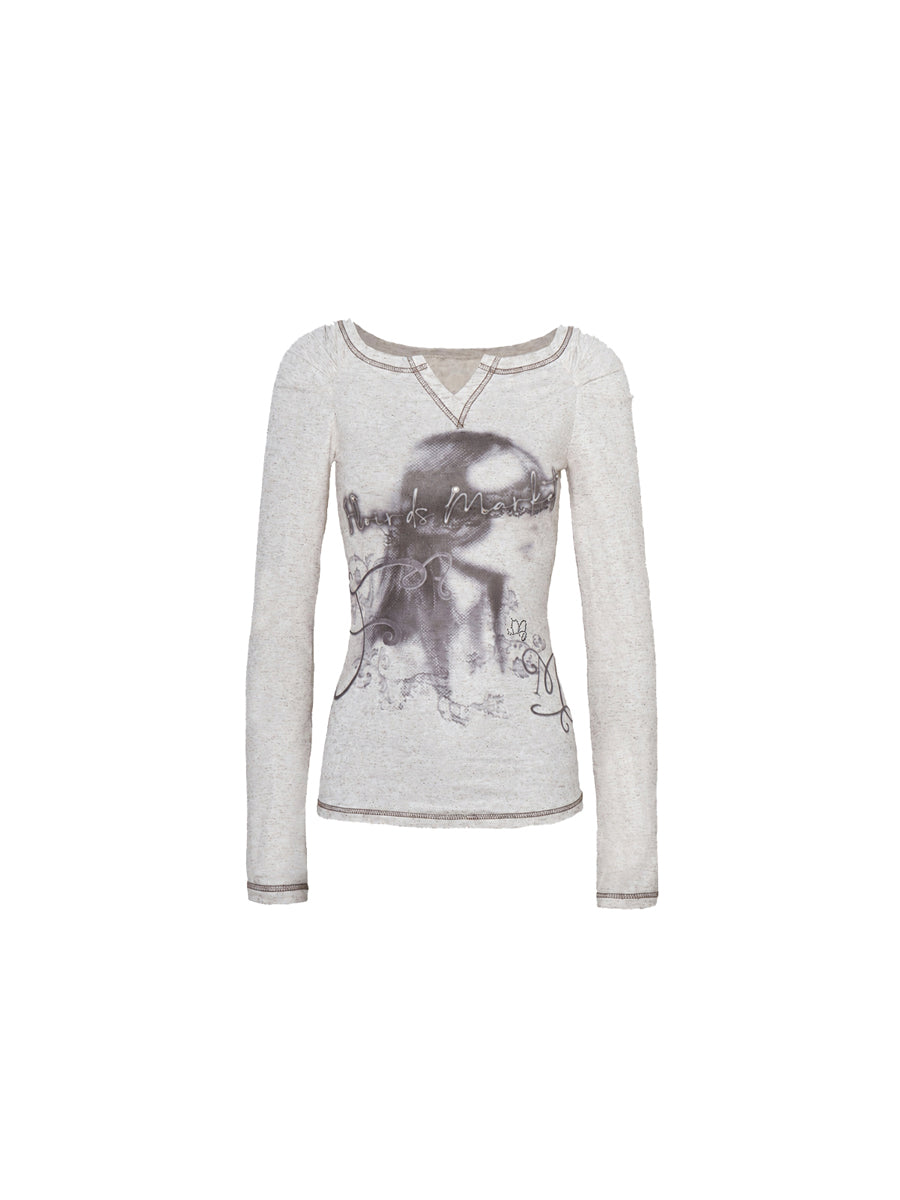 CTRL WORLD Artistic Print Long Sleeve Top with V-Neck Design