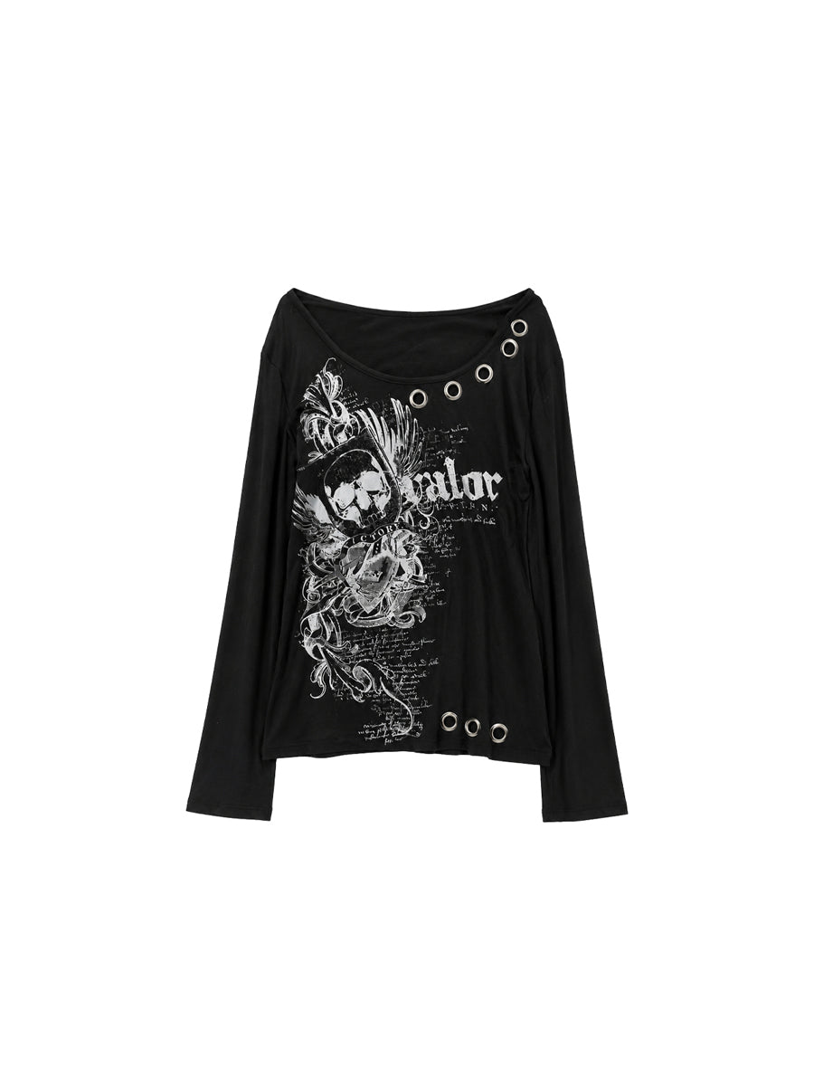 CTRL WORLD Black Skull Print Long Sleeve T-Shirt with Ring Detail