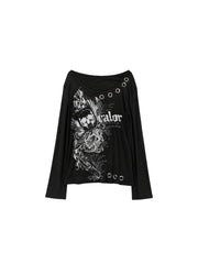 CTRL WORLD Black Skull Print Long Sleeve T-Shirt with Ring Detail