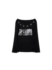 CTRL WORLD Black Fashion Graphic Long Sleeve T-Shirt with Ring Detail