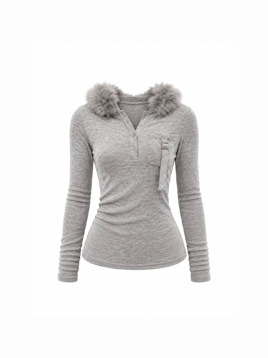 CTRL WORLD Gothic Fur-Trim Ribbed Hooded Top