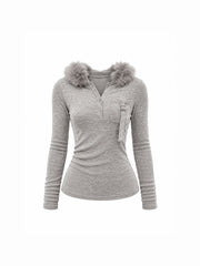CTRL WORLD Gothic Fur-Trim Ribbed Hooded Top