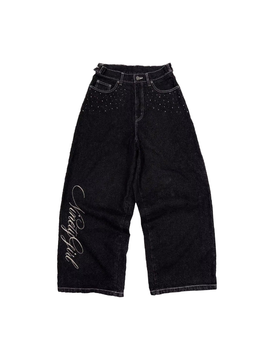 CTRL WORLD Black Denim Wide-Leg Pants with Wing Design