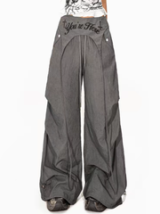 Embroidered Low-Rise Wide-Leg Cargo Parachute Pants