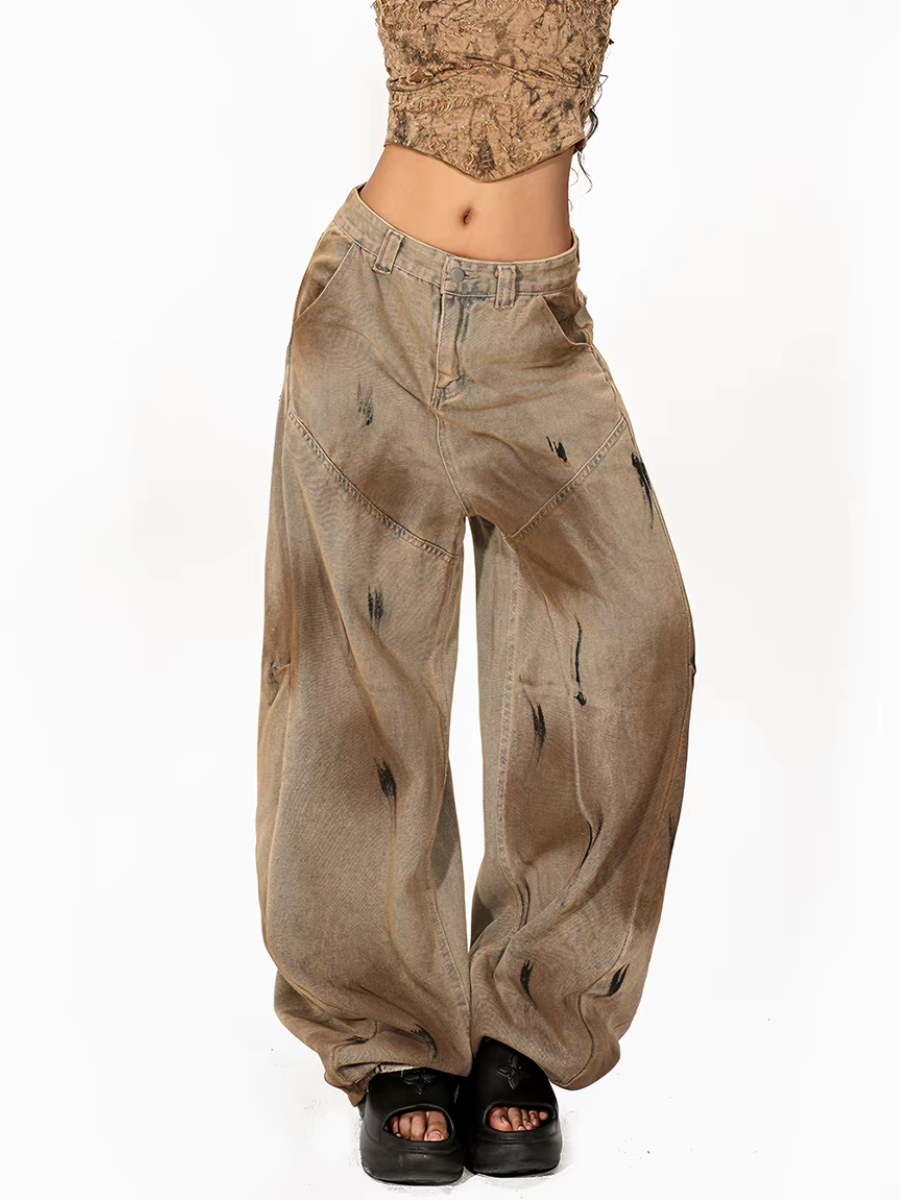 Vintage Distressed Wide-Leg Cargo Jeans