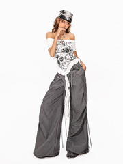 Embroidered Low-Rise Wide-Leg Cargo Parachute Pants