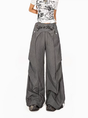 Embroidered Low-Rise Wide-Leg Cargo Parachute Pants
