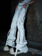 CTRL WORLD Cyberpunk Buckle Strap Flare Jeans