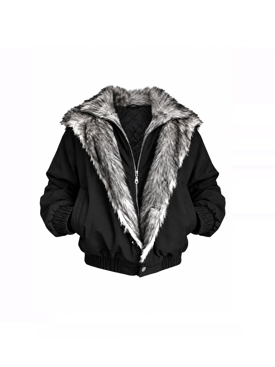 CTRL WORLD Gothic Silver Faux-Fur Hood Bomber Jacket