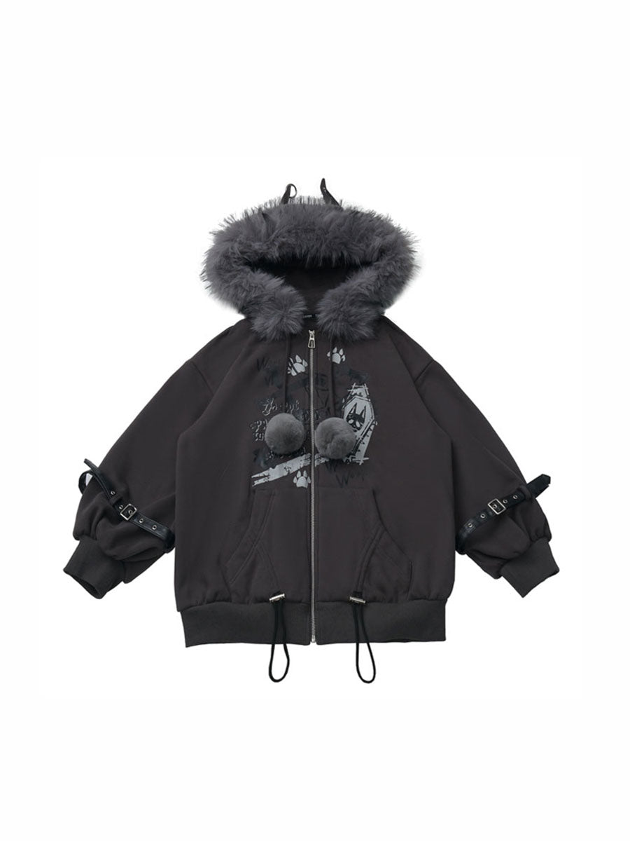 CTRL WORLD Gothic Wolf Graphic Faux Fur Hooded Zip Jacket