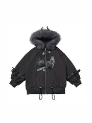 CTRL WORLD Gothic Wolf Graphic Faux Fur Hooded Zip Jacket