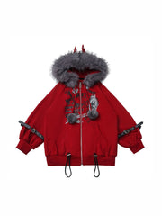 CTRL WORLD Gothic Wolf Graphic Faux Fur Hooded Zip Jacket
