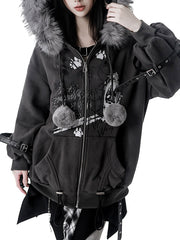 CTRL WORLD Gothic Wolf Graphic Faux Fur Hooded Zip Jacket
