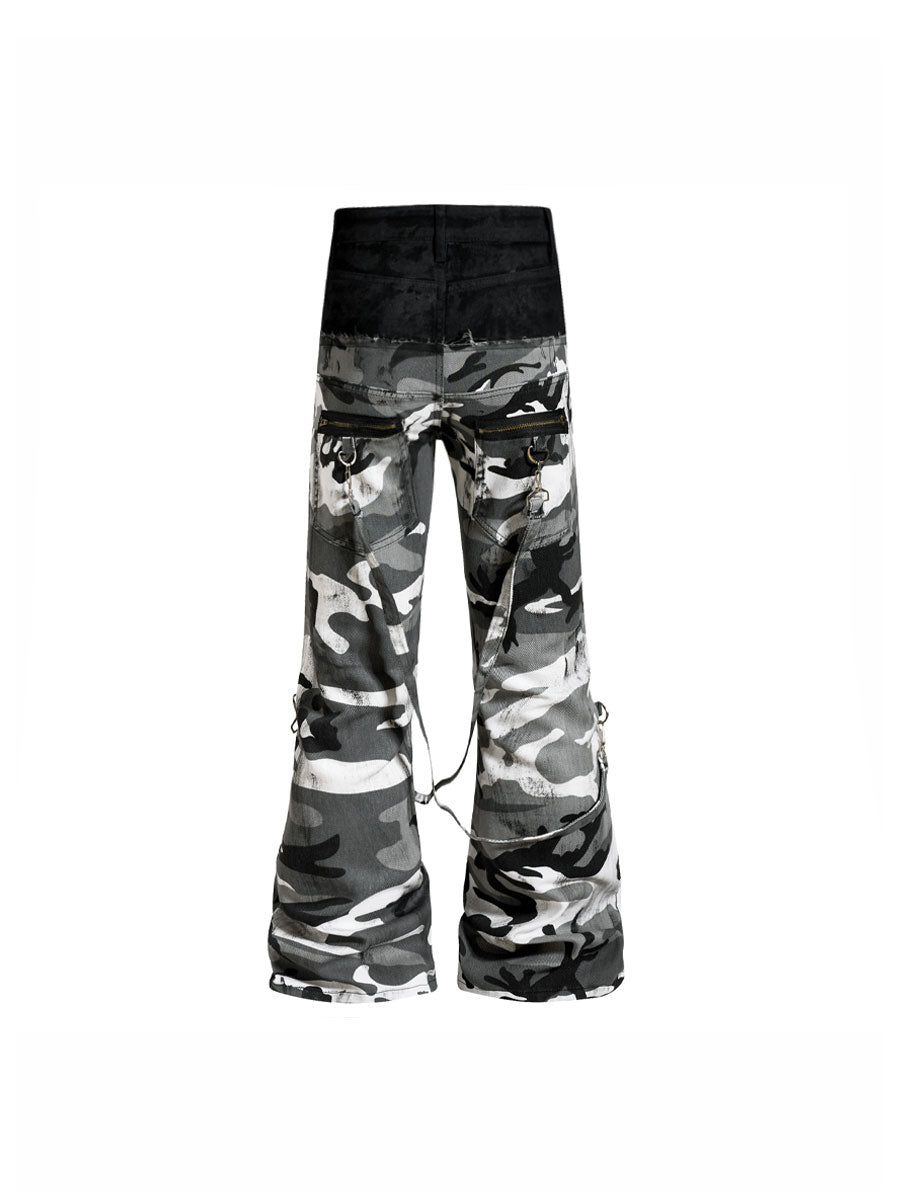 CTRL WORLD Vintage Camo Panel Double-Waist Strap Flare Jeans