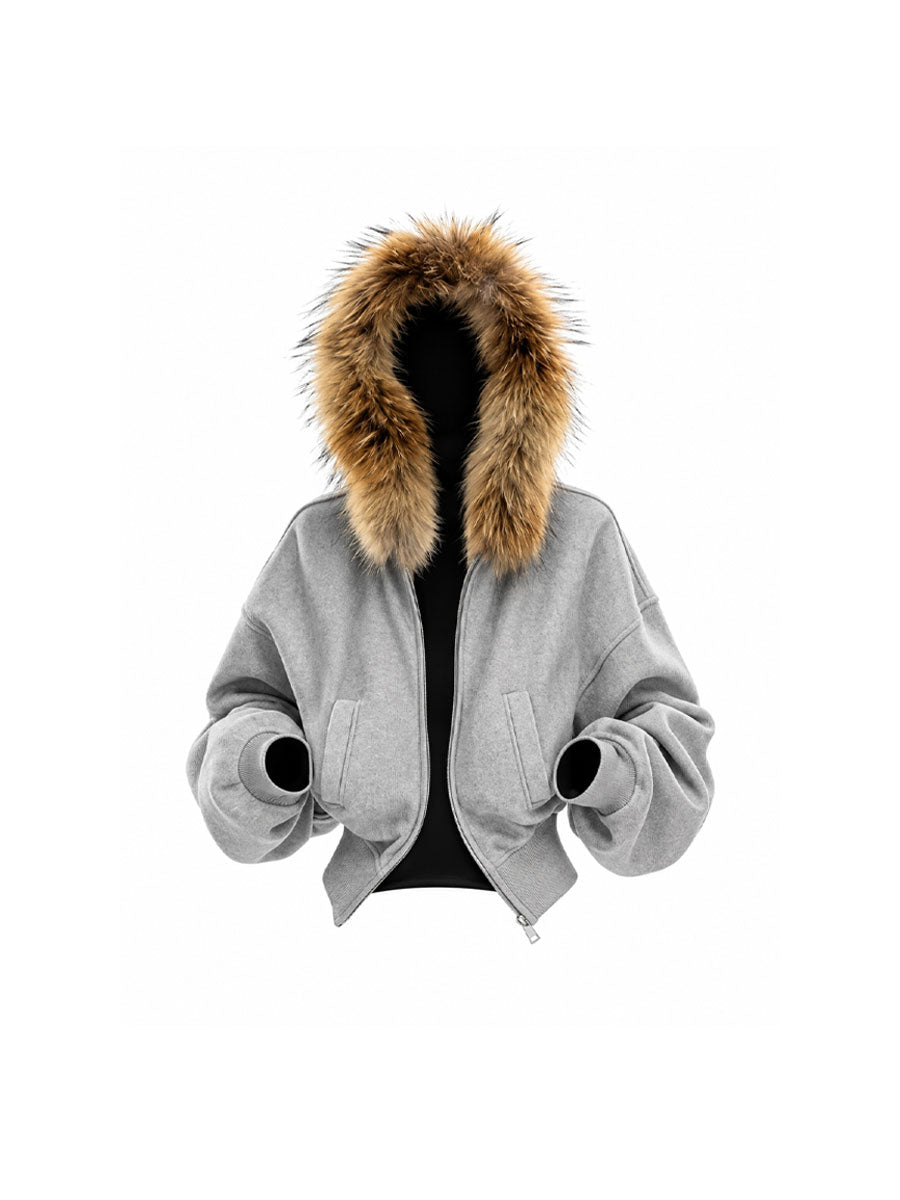 CTRL WORLD Ash Gray Faux Fur Hooded Cropped Zip-Up Hoodie